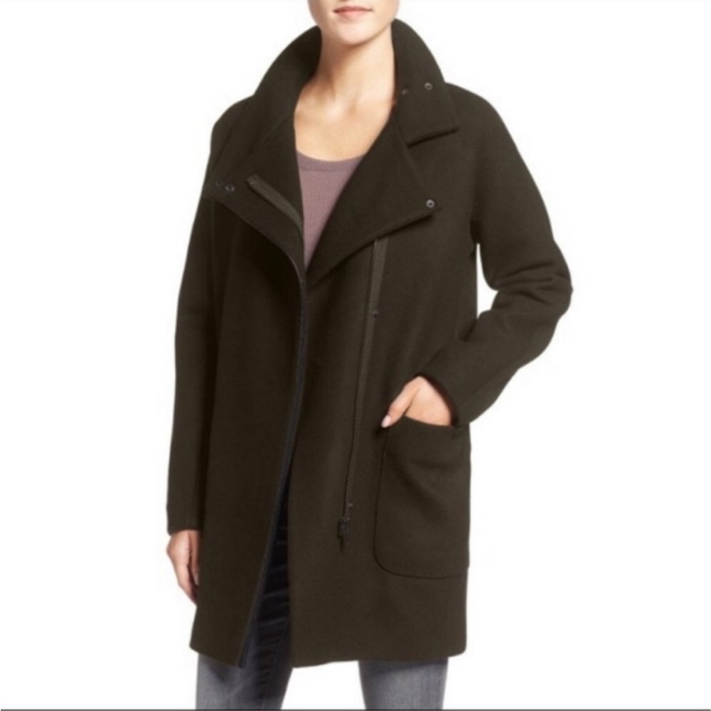 Madewell City Grid Wool Olive Green With Black Leather Trim Pea Coat Women’s